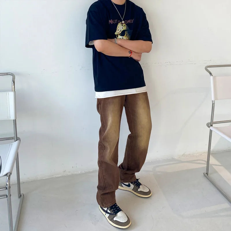 Aidase Brown Baggy Jeans Men Fashion Retro Casual Straight Jeans Men Streetwear Korean Hip Hop Denim Pants Mens Trousers S-2XL aidase-shop