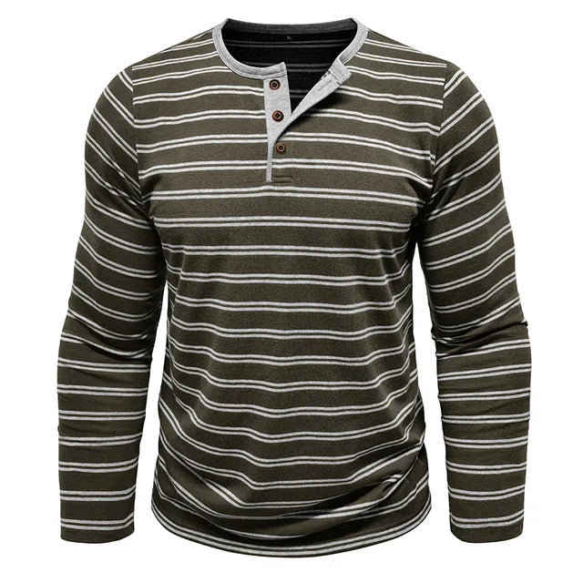 AIDASE  -  New Men's Henley Collar Long Sleeve T-Shirts Striped Casual Button T Shirt for Men Spring Autumn Male Fashion Cotton Tees Tops aidase-shop