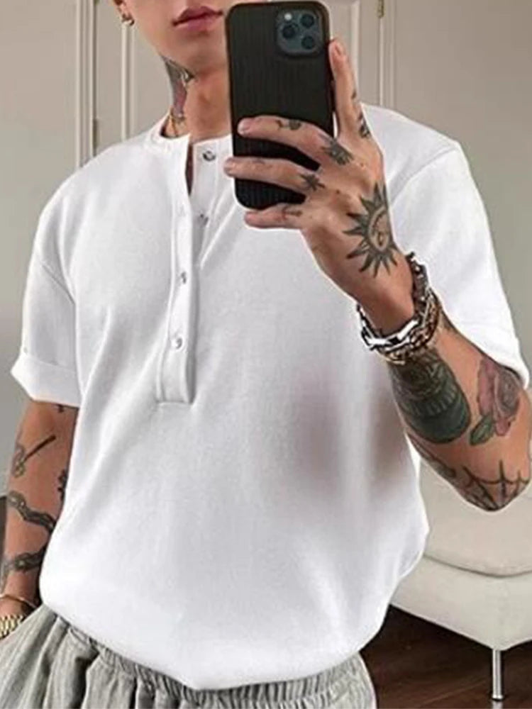 AIDASE  -  Knitting Solid Color Short Sleeve T Shirt Summer New Casual Buttoned Textured Men T-shirts Fashionable Mens Henley Neck Shirts aidase-shop