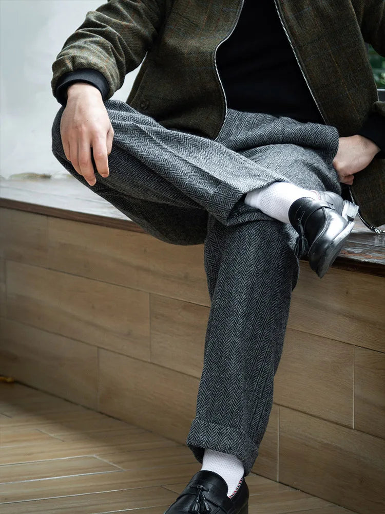 Aidase American retro Hollywood waist wool tweed casual pants Hollywood classic loose fitting straight leg pants aidase-shop