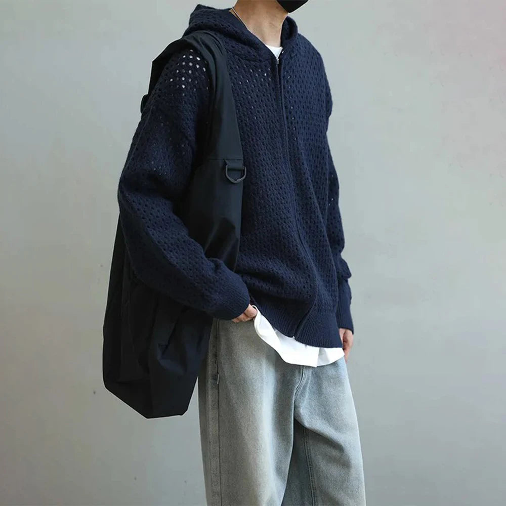 AIDASE  -  Y2K Mens Hollow Solid Color Knitted Breathable Hooded Sweater Autumn Student Campus Trend Japanese Outerwear Men's Clothing aidase-shop