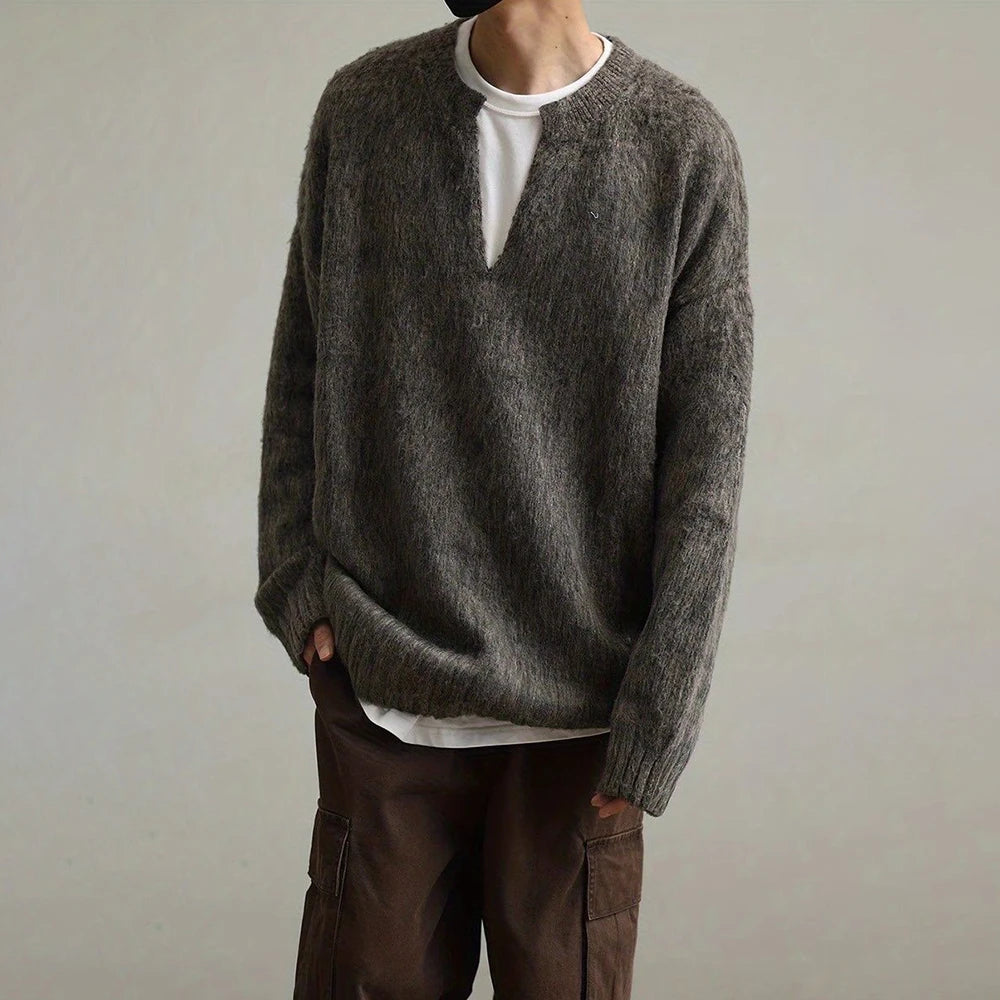 AIDASE  -  American Street Fashion Solid Color V-Neck Sweater Men Autumn And Winter Lazy Style High-End Casual Knitted Sweater Jacket Men aidase-shop