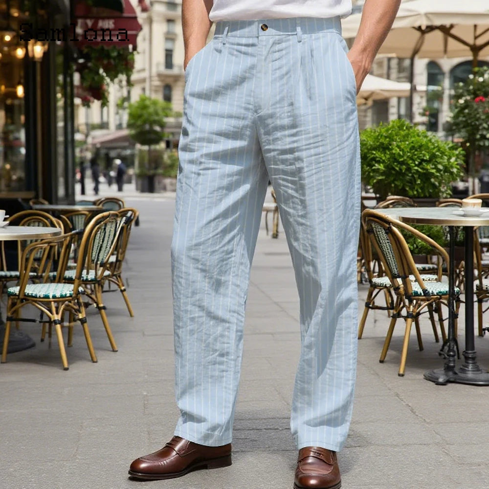 AIDASE  -  Plus Size Mens Fashion Striped Hotpants Loose Classic Linen Bloomer Male Ankle-Length Trouser Men Casual Beach Sweatpants New aidase-shop