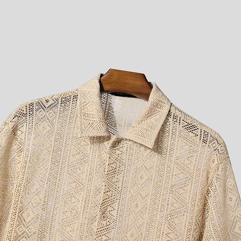 AIDASE  -  Men Shirt Mesh See Through Lapel Short Sleeve Sexy Male Shirts Summer Loose Tops Streetwear 2025 Fashion Men Clothing aidase-shop