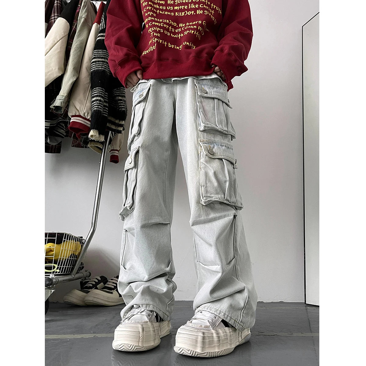 Aidase Light Blue Cargo Jeans Men's Patchwork Straight Casual Trousers Men Muti-pockets Hip Hop Streetwear Loose Fashion Pants aidase-shop