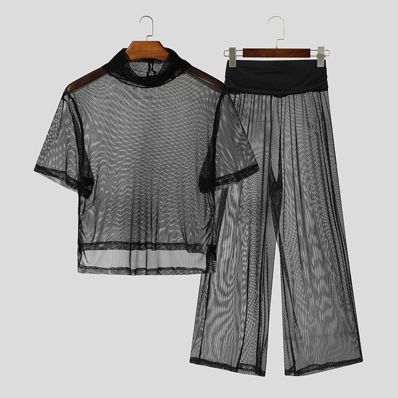 AIDASE  -  Men Sets Mesh See Through Sexy Turtleneck Short Sleeve T Shirt & Pants 2PCS Streetwear Summer 2025 Fashion Men's Suits aidase-shop