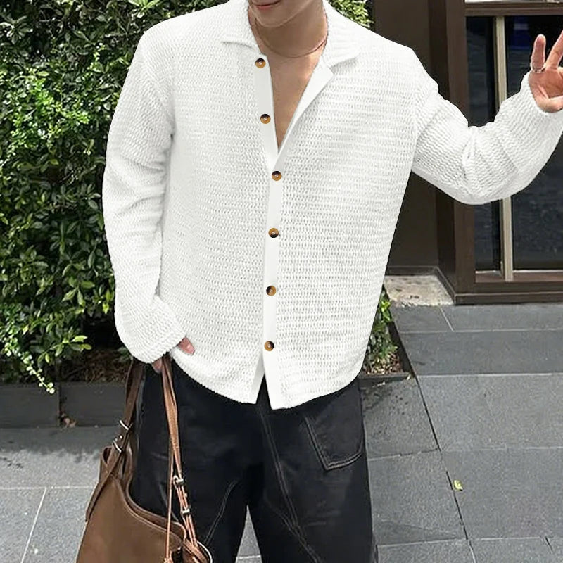 AIDASE  -  Men Shirt Hollow Out See Through Solid Color Lapel Long Sleeve Men Clothing Streetwear Loose 2025 Fashion Casual Tops aidase-shop