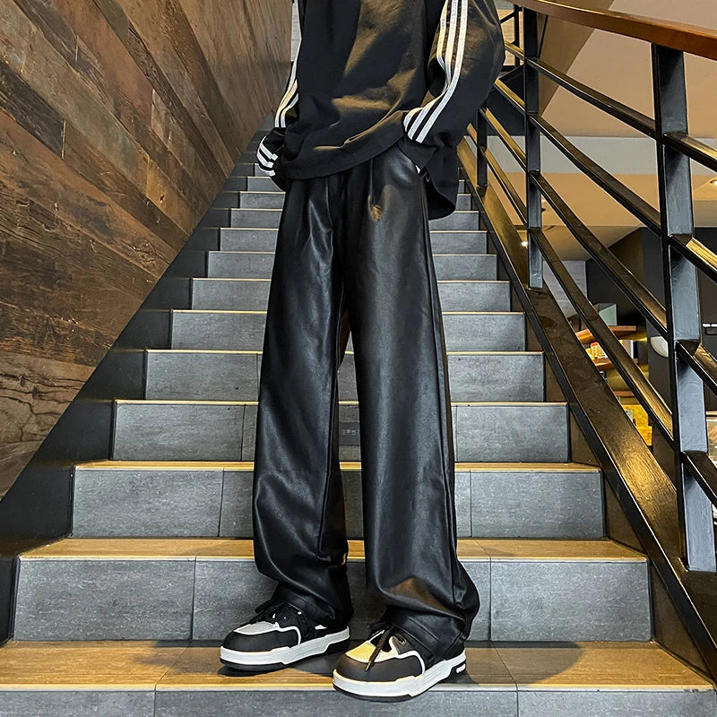 Aidase Men's PU Leather pants Fashion baggy Motorcycle Pants Men Wide-leg Mopping Trousers All-match Windproof Plus Size 8XL-M