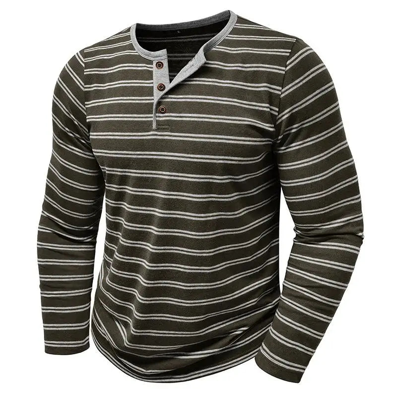 AIDASE  -  New Men's Henley Collar Long Sleeve T-Shirts Striped Casual Button T Shirt for Men Spring Autumn Male Fashion Cotton Tees Tops aidase-shop