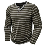 AIDASE  -  New Men's Henley Collar Long Sleeve T-Shirts Striped Casual Button T Shirt for Men Spring Autumn Male Fashion Cotton Tees Tops aidase-shop