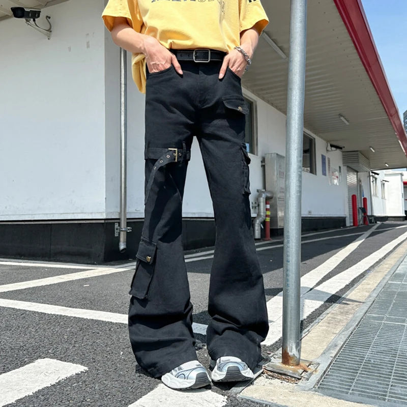 AIDASE  -  Lace-Up Flared Men Jeans American Style High Street Multi-Pocket Cargo Denim Pants Slim Fit Solid Color Trousers 21E6810 aidase-shop