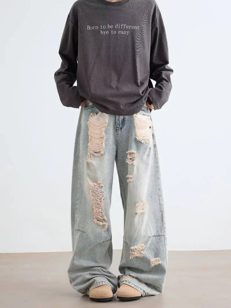 AIDASE  -  Men's Ripped Jeans Korean Style Trendy High Street Stylish Versatile Trousers 2025 Autumn Niche Design Denim Pants 21E7188 aidase-shop