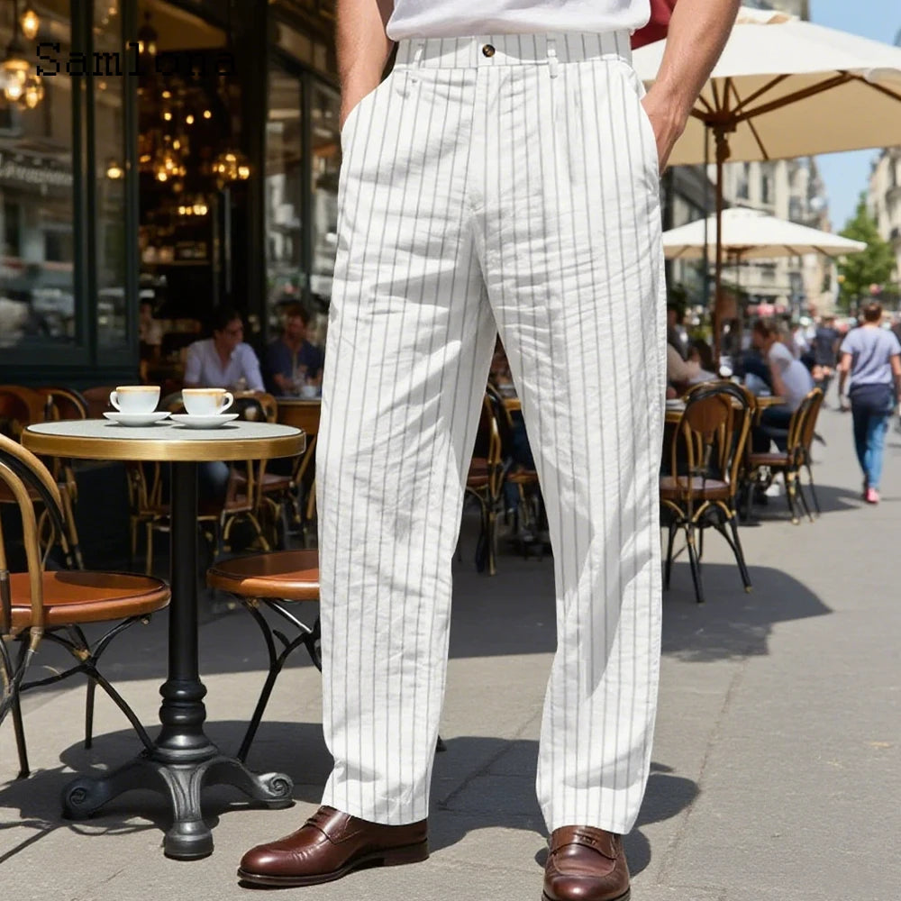 AIDASE  -  Plus Size Mens Fashion Striped Hotpants Loose Classic Linen Bloomer Male Ankle-Length Trouser Men Casual Beach Sweatpants New aidase-shop