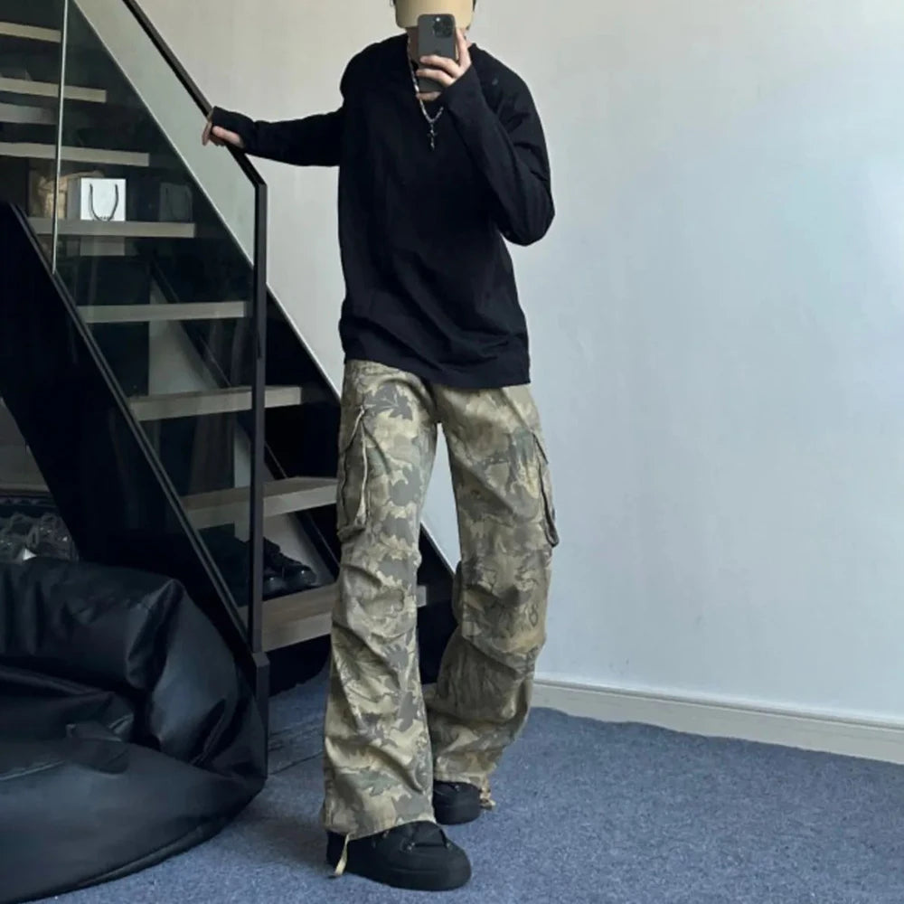 Aidase Mens Y2k American Retro Pocket Camouflage Straight Pants Genderless Trendy Hip-Hop Workwear Style Loose Wide-Leg Pants Unisex aidase-shop