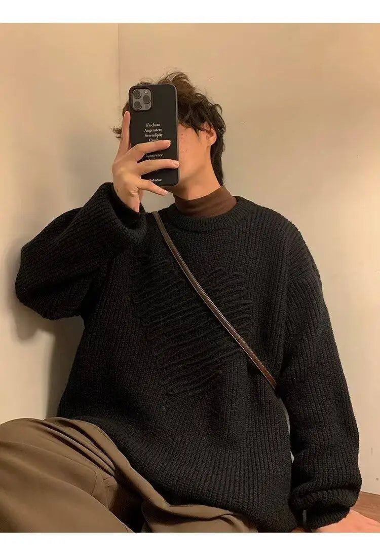 AIDASE  -  Casual Men Knitwear Sweater Square Block Jacquard Patchwork Design Long Sleeve Round Neck Solid Color Pullovers 21E7644 aidase-shop