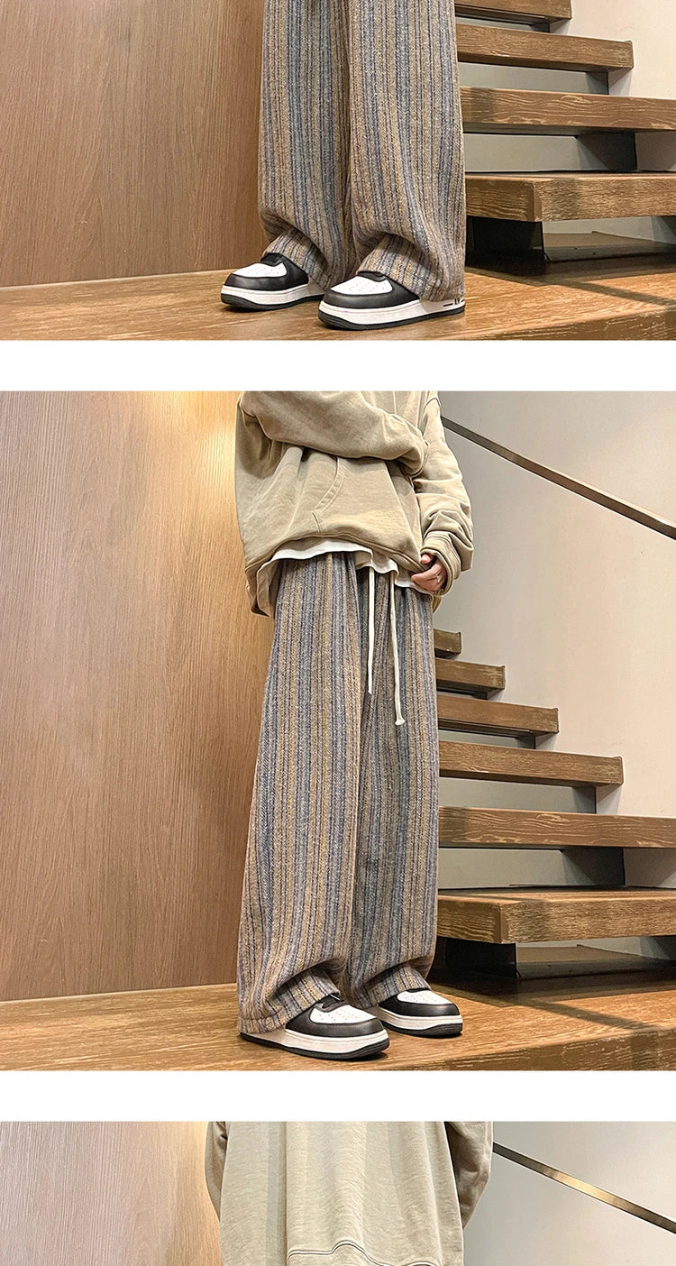 Aidase Wool Men's Pants Autumn and Winter Thickened High Waisted Small Leg Pants Casual Business Striped Contrast Wool Pants Warm aidase-shop