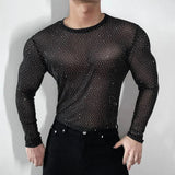 AIDASE  -  Men's Diamond Mesh Solid Color Long-Sleeved T-Shirt Sexy American Fashion Trend Casual Slim Breathable Niche Summer Men's Tops aidase-shop