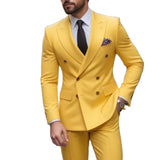 Aidase Yellow Double Breasted Peak Lapel Skinny Suits for Men 2024 Prom Party Regular Length Flat Front 2 Piece Jacket Pants Outfits aidase-shop
