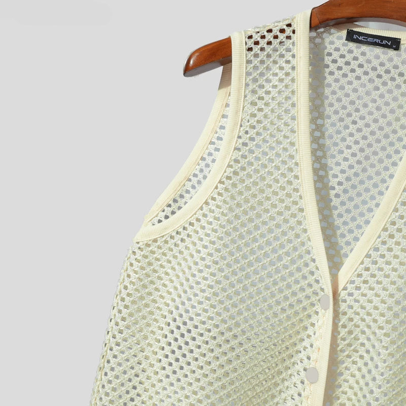 AIDASE  -  Mesh Men Tank Tops Sleeveless Sexy Tops Tee Summer V Neck Buttons Tops Streetwear Vests Oversize S-3XL Men's Clothing aidase-shop