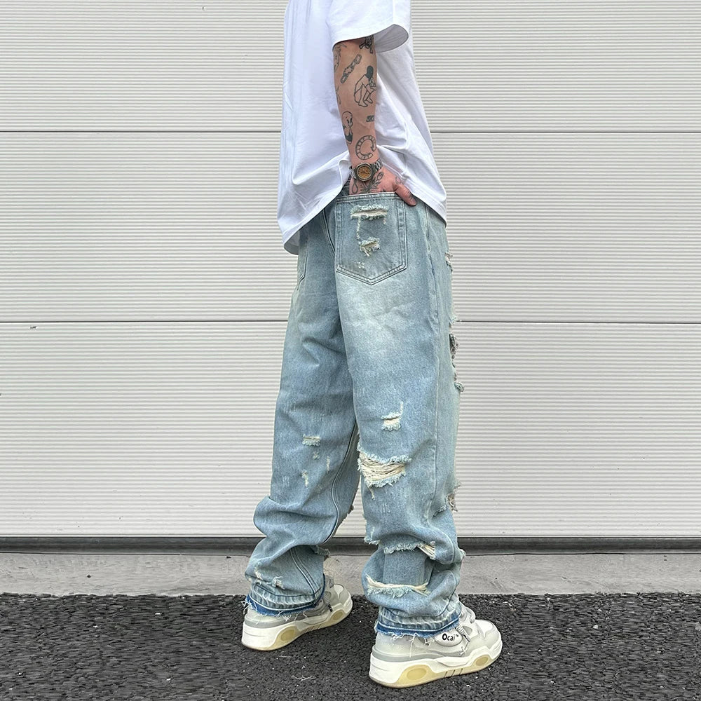 Aidase Washed Blue Oversized Torn Jeans for Men Streetwear Hip Hop Large Destroyed Wide Leg Jeans Baggy Straight Ripped Denim Pants aidase-shop