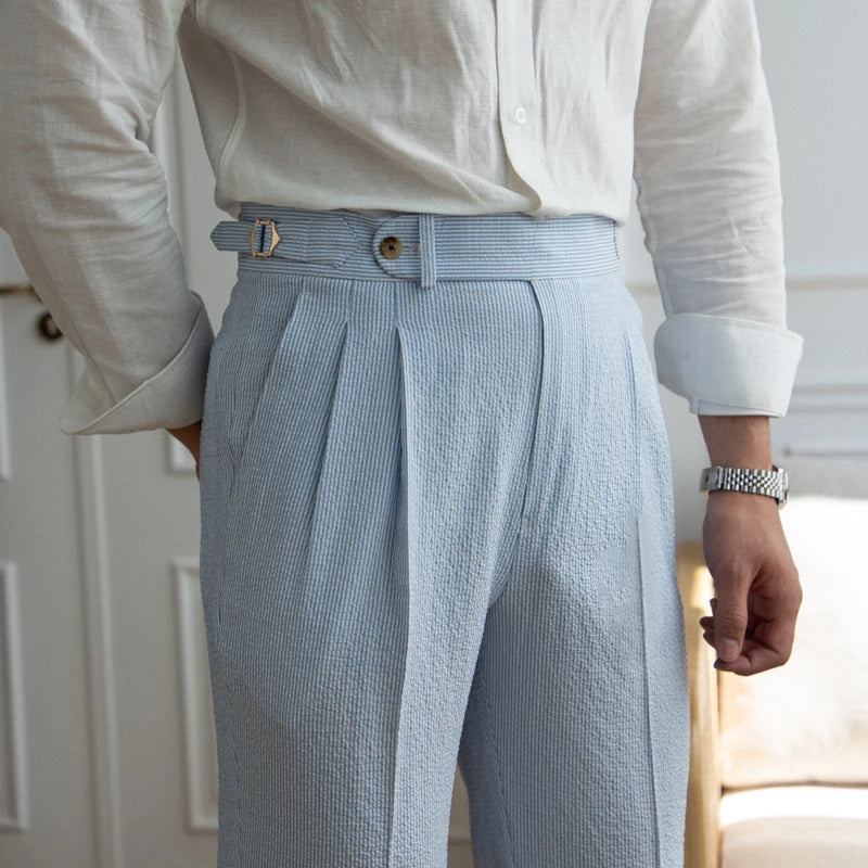 Aidase 2024 Spring Seersucker High Waist Straight Pants British Petty Bourgeoisie Blue Stripe Italian Casual Trousers Men aidase-shop