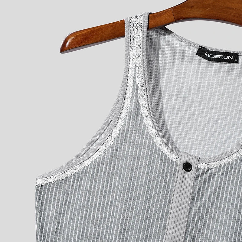 AIDASE  -  Men Bodysuits Lace Striped Patchwork O-neck Button Sleeveless Male Rompers Sexy 2025 Skinny Fashion Cozy Bodysuit Men aidase-shop