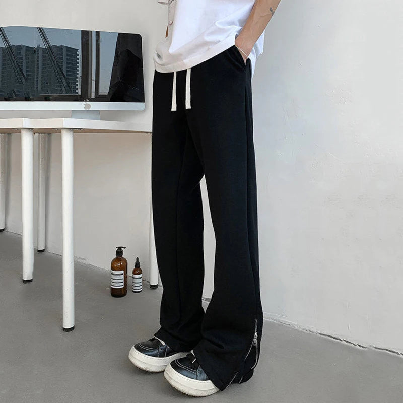 AIDASE  -  Drawstring Men Sweatpannts American Style Solid Color Elastic Waist Bottom Zipper Patchwork Straight Male Trousers 24K2733 aidase-shop