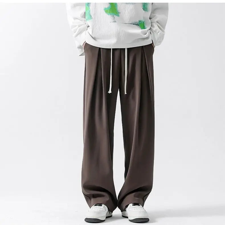 Aidase Spring All Season Casual Soft Solid Men's Cool Boys Drawstring Waist  Long Wide-legged Floor-length Straight-legged Pants aidase-shop