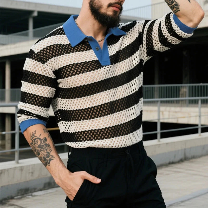 AIDASE  -  Men Shirt Striped Patchwork See Through Lapel Half Sleeve Hollow Out Male Shirts Streetwear Tops Fashion Men Clothing aidase-shop