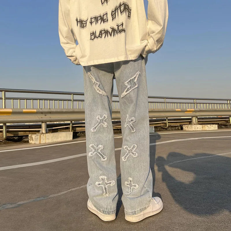 Aidase New Men's jeans Neutral Wide Leg Denim Trousers Loose Straight Luxury Jeans Youth Street Casual Cross Embroidery Hip hop Pants aidase-shop