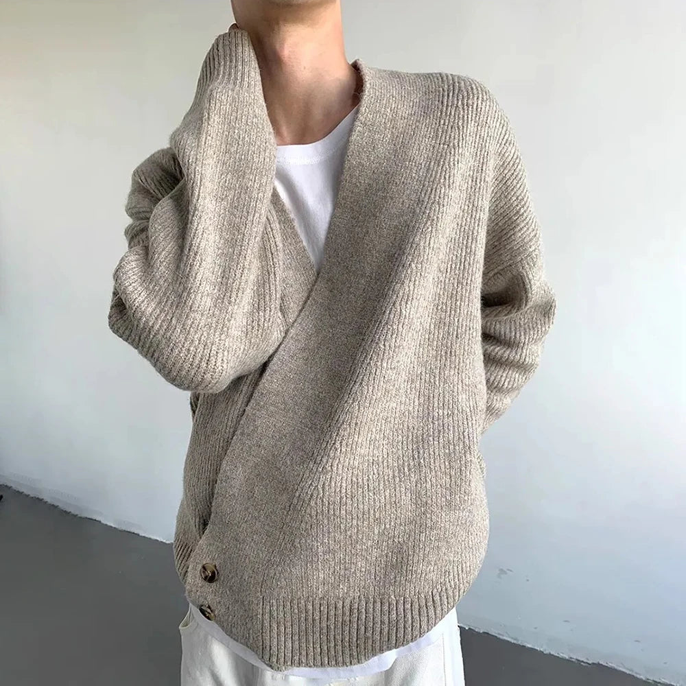 AIDASE  -  American High Street Fashion Solid Color Sweater Jacket Autumn And Winter Irregular Oblique Button V-Neck Cardigan Sweater Men aidase-shop