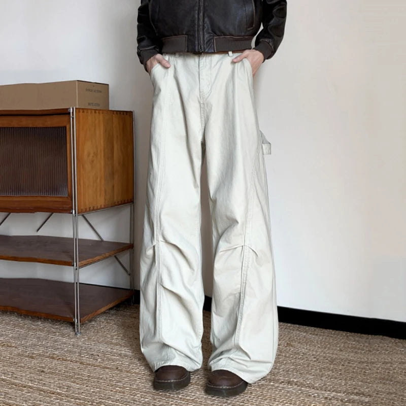 AIDASE  -  American-style Pleated Design Male Jeans Trendy Loose Casual Solid Color Straight-leg Denim Pants Autumn Trend New 21E7655 aidase-shop