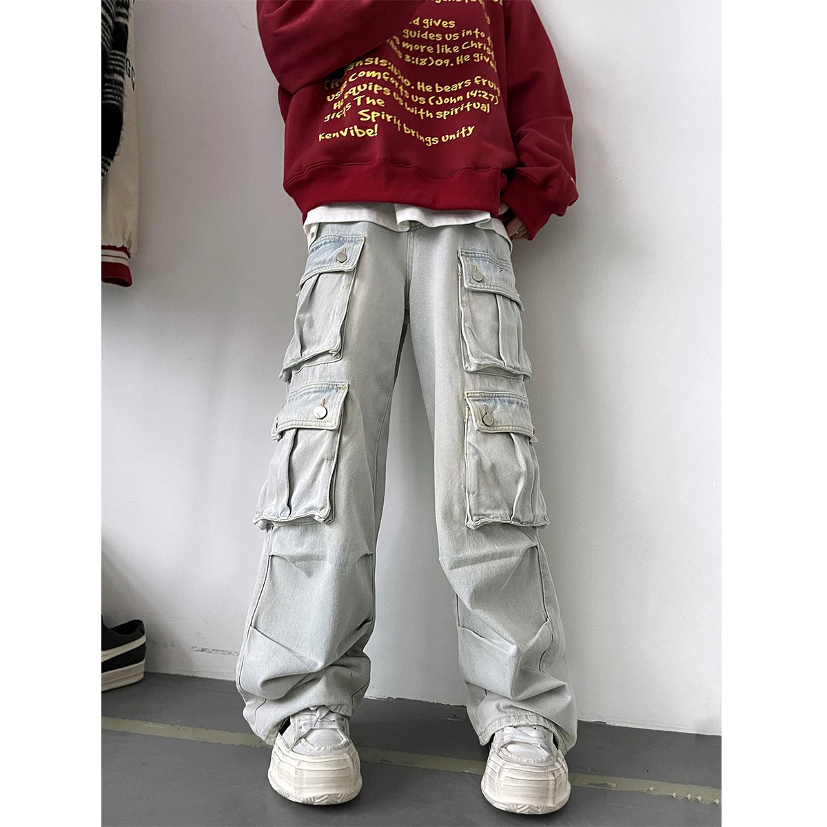 Aidase Light Blue Cargo Jeans Men's Patchwork Straight Casual Trousers Men Muti-pockets Hip Hop Streetwear Loose Fashion Pants aidase-shop