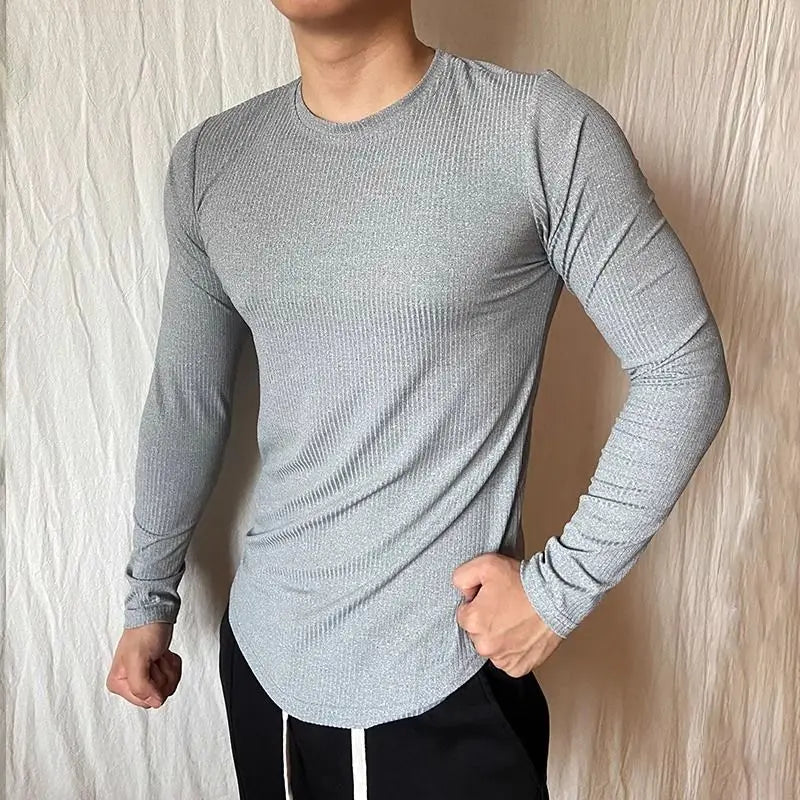 AIDASE  -  Sports Long-sleeved T-shirt Fitness Tights Slim Elastic Striped Round Neck Casual aidase-shop