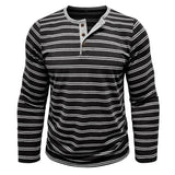 AIDASE  -  New Men's Henley Collar Long Sleeve T-Shirts Striped Casual Button T Shirt for Men Spring Autumn Male Fashion Cotton Tees Tops aidase-shop