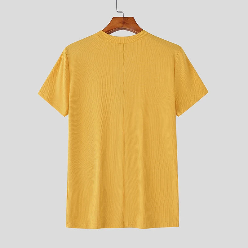 AIDASE  -  Men T Shirt Knitted Solid Color Zipper O-neck Short Sleeve Male Tee Tops Streetwear 2025 Fashion Casual Men Clothing