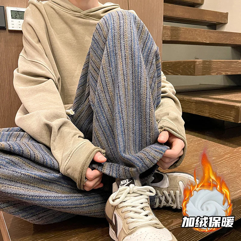 Aidase Wool Men's Pants Autumn and Winter Thickened High Waisted Small Leg Pants Casual Business Striped Contrast Wool Pants Warm aidase-shop