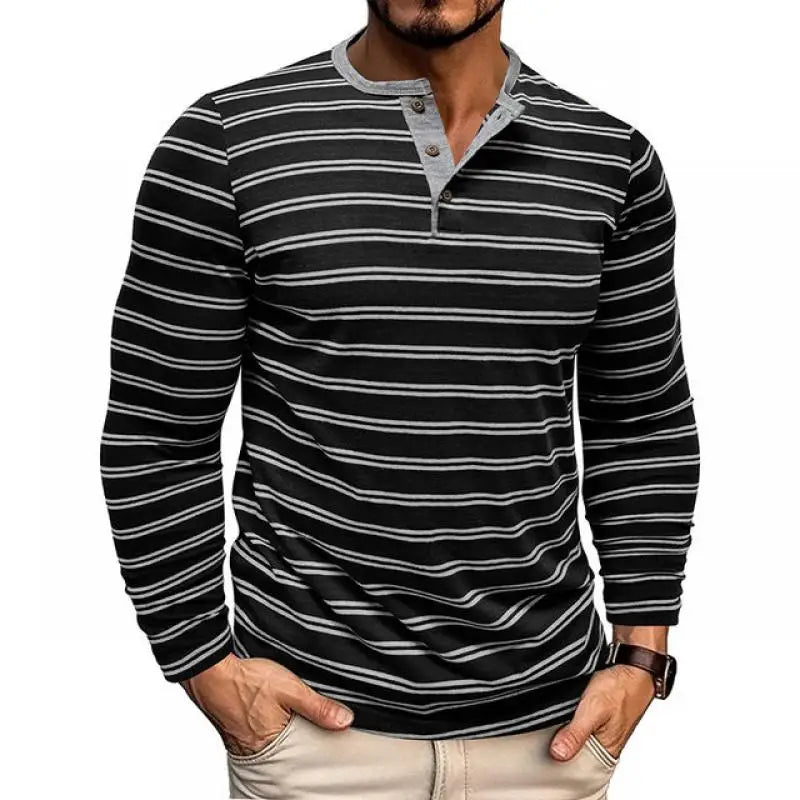 AIDASE  -  New Men's Henley Collar Long Sleeve T-Shirts Striped Casual Button T Shirt for Men Spring Autumn Male Fashion Cotton Tees Tops aidase-shop