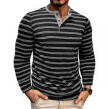 AIDASE  -  New Men's Henley Collar Long Sleeve T-Shirts Striped Casual Button T Shirt for Men Spring Autumn Male Fashion Cotton Tees Tops aidase-shop