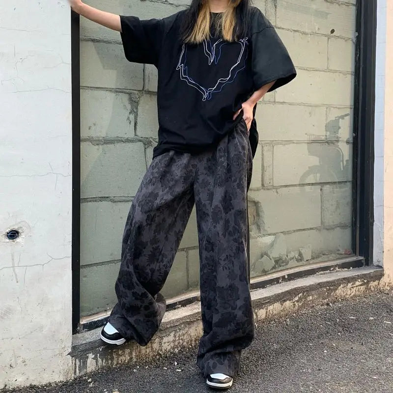 38.65Aidase American Men and Women Trendy and Personalized Straight Tube Spring/summer Thin Print Loose Couple Retro Wide Leg Casual Pants aidase-shop