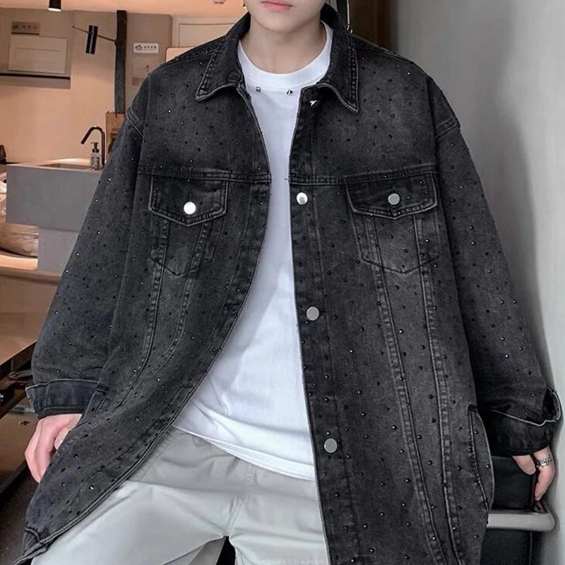 AIDASE  -  Fashion Men's Denim Jacket 2025 New Diamond-studded Decoration Long Sleeve Lapel Single-breasted Men Coats Trend 21E6846 aidase-shop