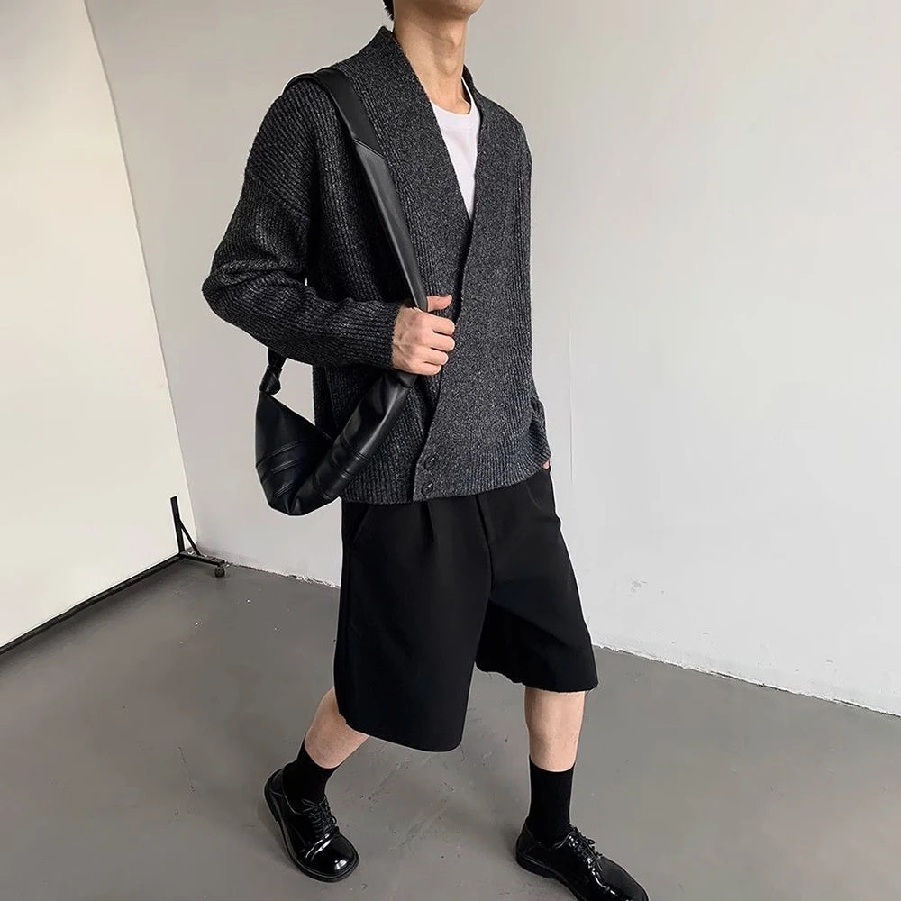 AIDASE  -  American High Street Fashion Solid Color Sweater Jacket Autumn And Winter Irregular Oblique Button V-Neck Cardigan Sweater Men aidase-shop