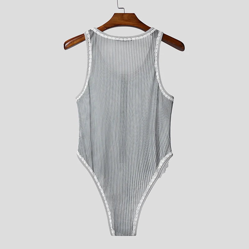 AIDASE  -  Men Bodysuits Lace Striped Patchwork O-neck Button Sleeveless Male Rompers Sexy 2025 Skinny Fashion Cozy Bodysuit Men aidase-shop