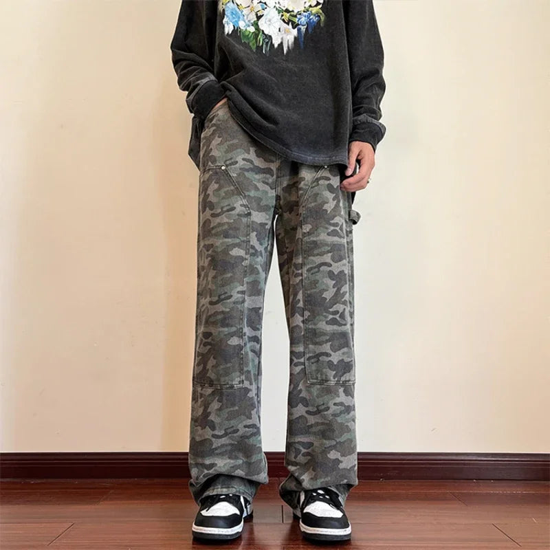 Aidase Jeans Men Military Fashion High Street Daily Spring Autumn Camouflage Spliced Handsome Loose American Style Teenagers Versatile aidase-shop