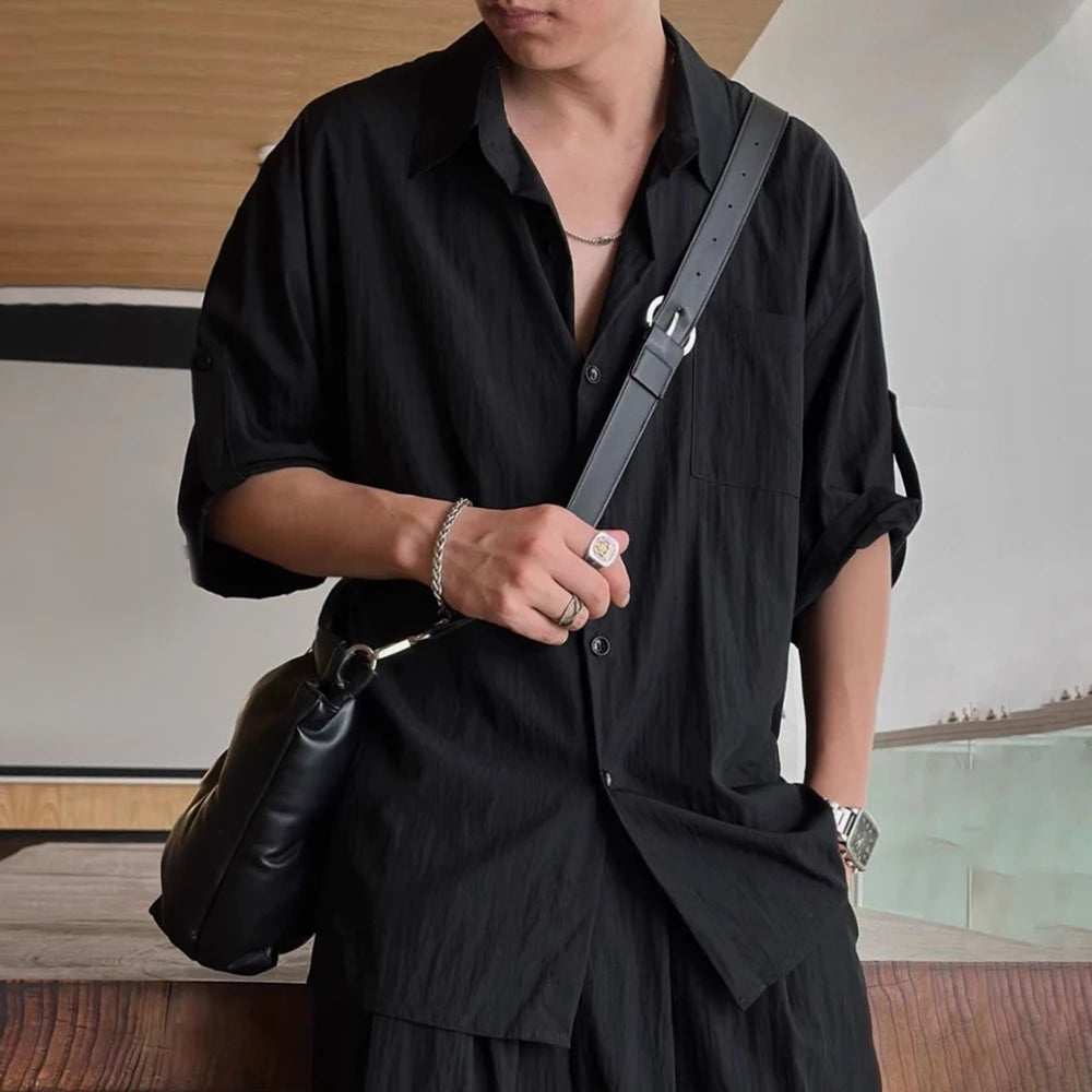 Aidase Mens Casual Light Shirt Wide Leg Pants 2024 New Genderless Fashion Vacation Basics Versatile Solid Color Suit Two-Piece Unisex aidase-shop