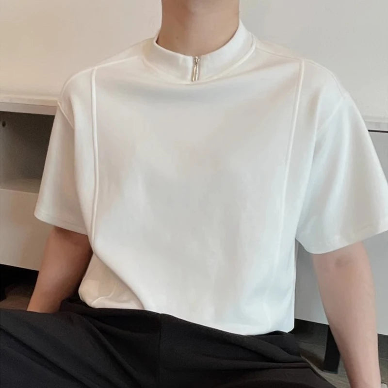 AIDASE  -  Men's Short Sleeve T-shirt Summer New Half Zipper Round Neck Casual Solid Color Men Tees Fashion Handsome Male Tops 21E6997 aidase-shop