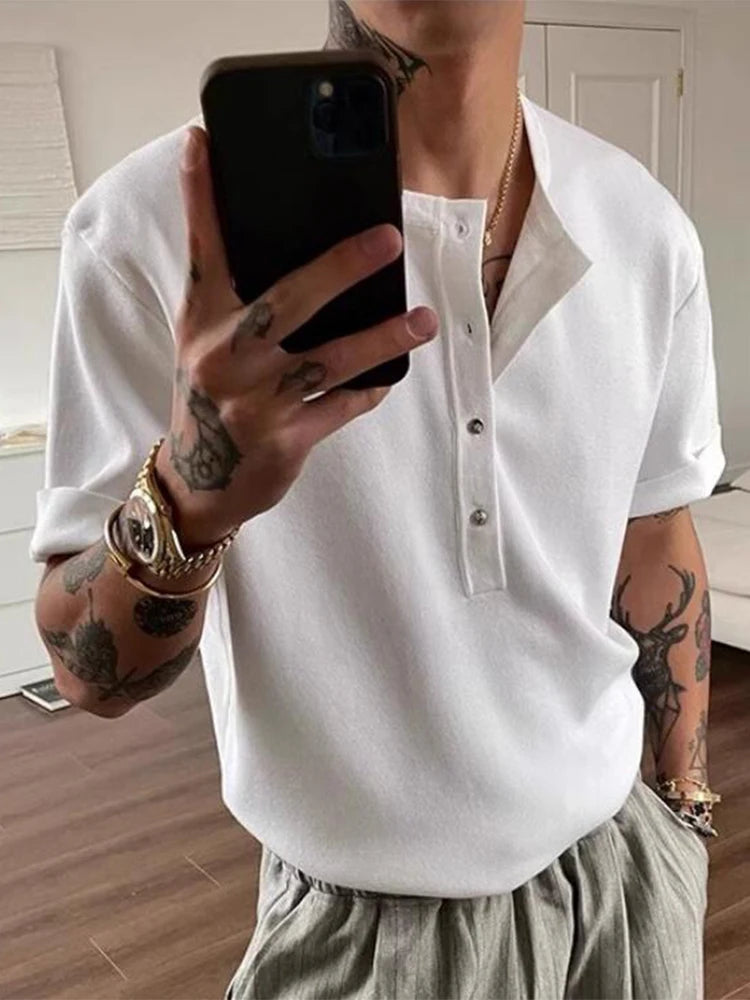 AIDASE  -  Knitting Solid Color Short Sleeve T Shirt Summer New Casual Buttoned Textured Men T-shirts Fashionable Mens Henley Neck Shirts aidase-shop