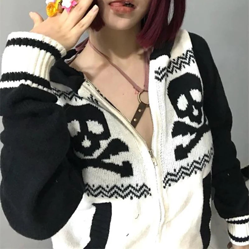 AIDASE  -  Sweaters Skull Hooded Zip Up Harajuku Pullover Women Winter Knitwear Pattern Oversized Streetwear Lovers Top 2000s Clothes Y2k aidase-shop