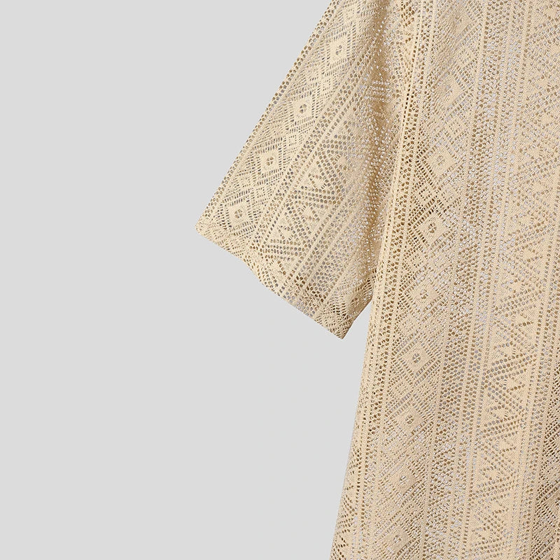 AIDASE  -  Men Shirt Mesh See Through Lapel Short Sleeve Sexy Male Shirts Summer Loose Tops Streetwear 2025 Fashion Men Clothing aidase-shop