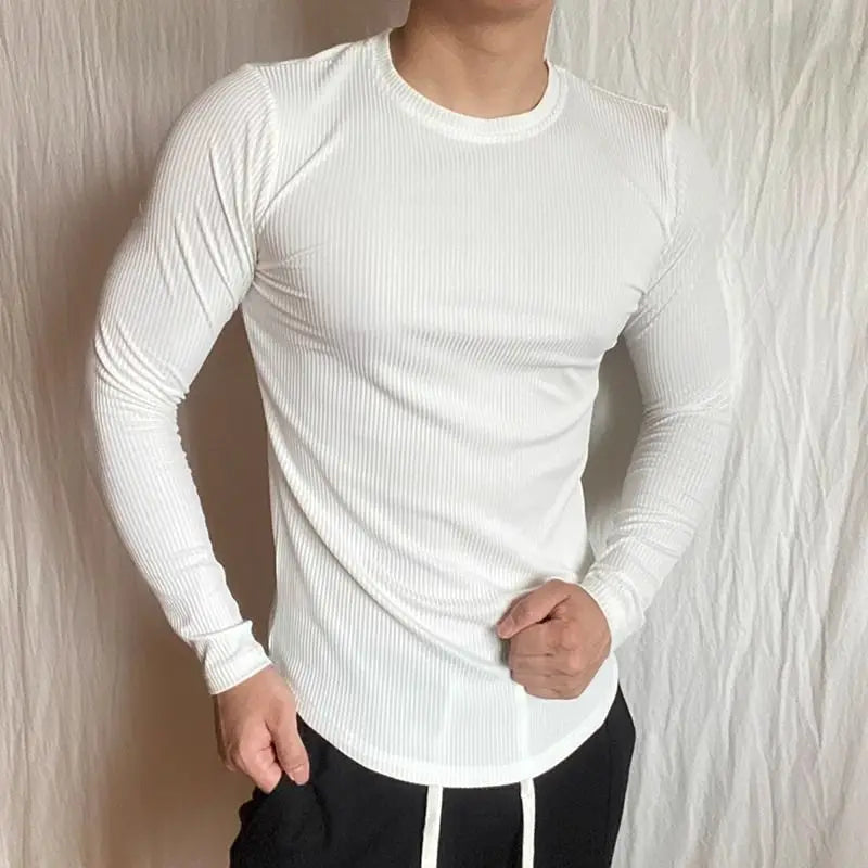 AIDASE  -  Sports Long-sleeved T-shirt Fitness Tights Slim Elastic Striped Round Neck Casual aidase-shop